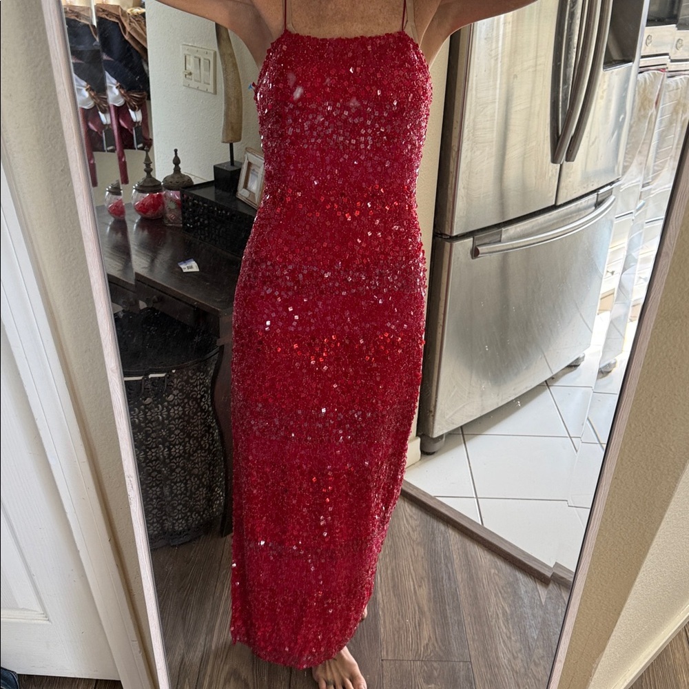 Scala gorgeous Red Sequin Dress evening gown side slit - Picture 8 of 14